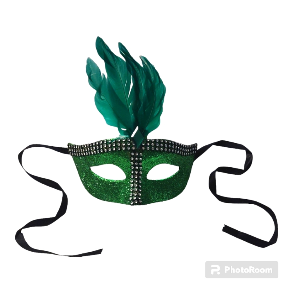 Emerald Green Masquerade Mask Rhinestone and Feather Peacock Style Venetian Gala